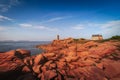 Sunset landscapes of the famous Cote de Granit Rose Rose coast near Lannion, Coastline in Phare de Men Ruz, Brittany, France