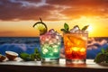 Sunset Libations: A Vibrant Beach Escape with Two Colorful Cockt