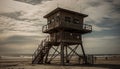 Sunset lifeguard hut on tranquil blue coastline generated by AI