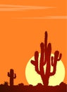 Sunset in desert with cacti. Evening landscape with copy-space.