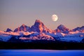 Sunset Light Alpen Glow on Tetons Teton Mountains wtih Moon Rising