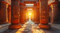 Sunset light going through the columns of ancient temple in Egypt, travel, history and culture concept