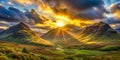 Sunset Light through the Mountains in Scotland Royalty Free Stock Photo