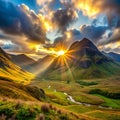 Sunset Light through the Mountains in Scotland Royalty Free Stock Photo