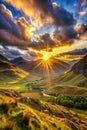 Sunset Light through the Mountains in Scotland Royalty Free Stock Photo
