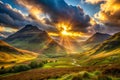Sunset Light through the Mountains in Scotland Royalty Free Stock Photo