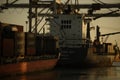 Sunset light over container ships on Leixoes docks Royalty Free Stock Photo