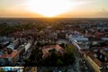 Sunset light over european city seen by a drone Royalty Free Stock Photo