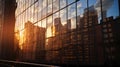 sunset light reflection on modern buidings windows evening business centre New York City, Royalty Free Stock Photo