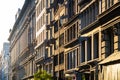 Sunset light shining on a block of historic buildings on 18th Street in Manhattan, New York City