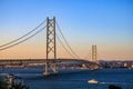 Sunset lights up passenger ferry approaching Akashi suspension bridge