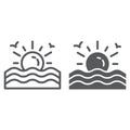 Sunset line and glyph icon, sunrise and ocean, sun sign, vector graphics, a linear pattern on a white background.