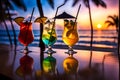 sunset-lit tropical beach, silhouetted palm trees framing vibrant cocktails on a bamboo bar top