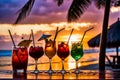 sunset-lit tropical beach, silhouetted palm trees framing vibrant cocktails on a bamboo bar top