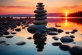 Sunset-lit Zen stones harmonizing with the tranquil waterscape