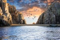 Sunset on a little beach close to Cabo San Lucas\' El Arco Arch. Royalty Free Stock Photo