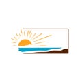 sunset logo design vector of yellow sun and blue sea waves on the frame illustration Royalty Free Stock Photo