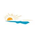 sunset logo design vector of yellow sun and blue sea waves on the frame illustration Royalty Free Stock Photo