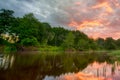 Sunset long the banks of the Amazon river. The tributaries of the Amazon traverse the countries of Guyana, Ecuador, Peru, Brazil,