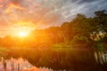 Sunset long the banks of the Amazon river. The tributaries of the Amazon traverse the countries of Guyana, Ecuador, Peru, Brazil, Royalty Free Stock Photo