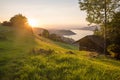 Sunset at lookout point buel, Krattigen, with wooden hut and view to lake Thunersee Royalty Free Stock Photo