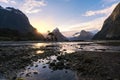 Sunset at Milford Sound, New Zealand Royalty Free Stock Photo