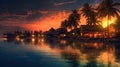 Sunset on a luxury beach resort. Tropical vacation with the ocean, boats, and hotel. Travel relaxing at the shore at dawn. Royalty Free Stock Photo