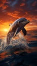 Sunset magic 3Drender of dolphins joyously leaping in the sea