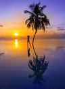 Sunset on Maldives island, luxury water villas resort, pool and palm tree. Beautiful sky and beach with palms landscape. Summer Royalty Free Stock Photo