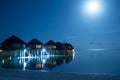 Sunset on Maldives island, luxury water villas resort and wooden pier. Beautiful sky and clouds and beach background for summer Royalty Free Stock Photo