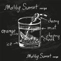 The Sunset Malibu cocktail drawn in chalk with the recipe Royalty Free Stock Photo