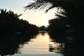 Sunset on mangrove forest estuary river to sea in Vietnam