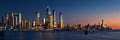 Sunset on Manhattan West with skyscrapers of Hudson Yards and the World Trade Center Financial District. New York City, NY, USA