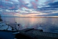 Sunset Marina Boats In Blue Water Lake Of Biscarrosse Landes France