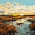 Sunset Marsh: A Detailed Illustration Of Lively Coastal Landscapes