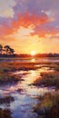 Sunset Marsh Oil Painting On Canvas - Vibrant Orange And Magenta Landscape