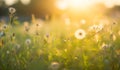 Sunset on the meadow with dandelions, shallow depth of field. Abstract summer nature background Royalty Free Stock Photo