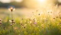 Sunset on the meadow with dandelions, shallow depth of field. Abstract summer nature background Royalty Free Stock Photo