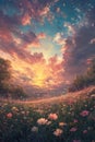 Sunset Meadow of Dreamscape Flowers Royalty Free Stock Photo