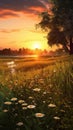 Sunset on meadow golden hours background