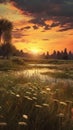 Sunset on meadow golden hours background