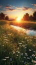Sunset on meadow golden hours background