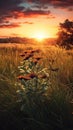 Sunset on meadow golden hours background