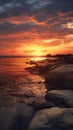 Sunset on meadow golden hours, orange sky on beach