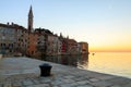 Sunset at medieval town of Rovinj, colorful with houses and church Royalty Free Stock Photo