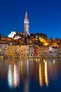 Sunset at medieval town of Rovinj, colorful with houses and church Royalty Free Stock Photo