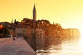 Sunset at medieval town of Rovinj, colorful with houses and church Royalty Free Stock Photo