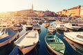 Sunset at medieval town of Rovinj, colorful with houses and church,harbor Royalty Free Stock Photo