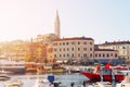 Sunset at medieval town of Rovinj, colorful with houses and church,harbor Royalty Free Stock Photo