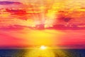 Sunset of Mediterranean. Beautiful colorful seascape with calm water surface. Red sundown